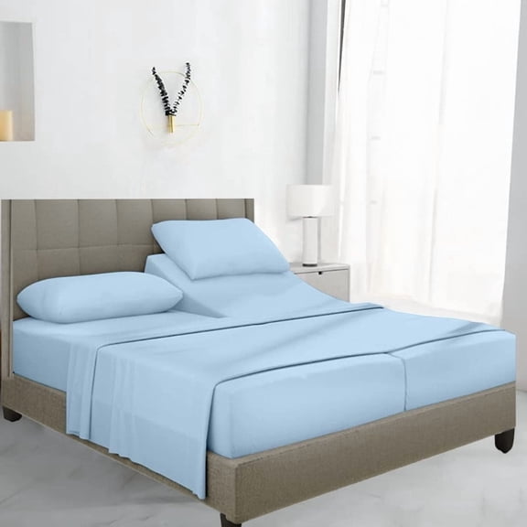 SKY BEDDINGS - 600 Thread Count Egyptian Cotton Sheets, Luxury Split King Sheets for Adjustable Bed, Soft Sateen Weave Cooling Bed Sheets, Deep Pocket Fits upto 16" Mattress - Light Blue