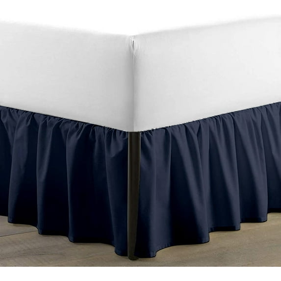 SKY BEDDINGS Queen Size Ruffled Bed Skirt with Split Corners - Queen 16 Inch Drop Dust Ruffle Bed Skirt with Platform Three Sided Coverage - 100% Microfiber Bed Skirt, Navy Blue
