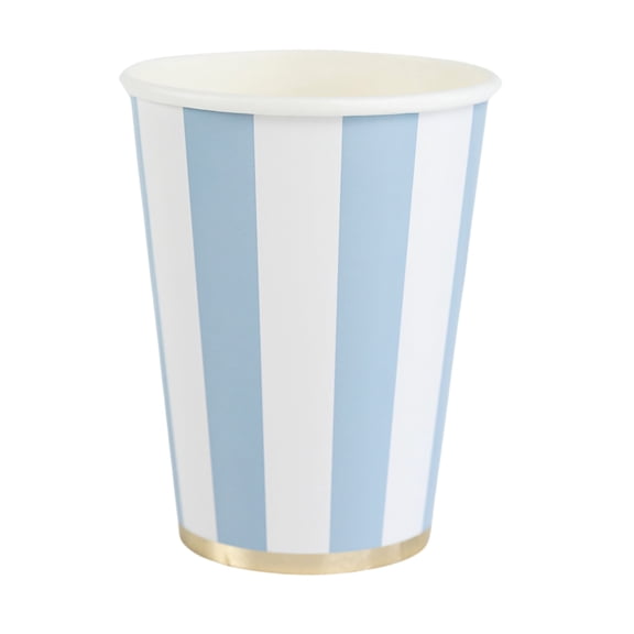 Bonjour Fte Light Blue Stripe Paper Party Cups, Disposable Party Supplies, 8 Count, 12 Oz, Birthday, Summer, Pool Party