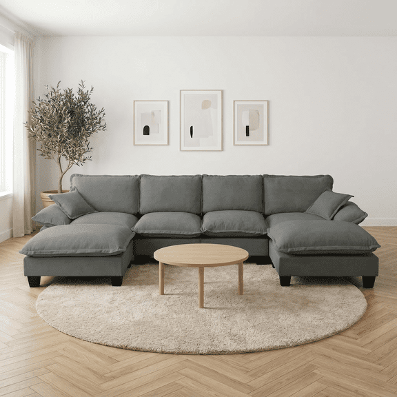 SKY MALL Cloud Sofa with Ottoman, 6-Seat Chenille U-Shape Sectional, Modern Sailboat Design, Living Room Couch, Grey
