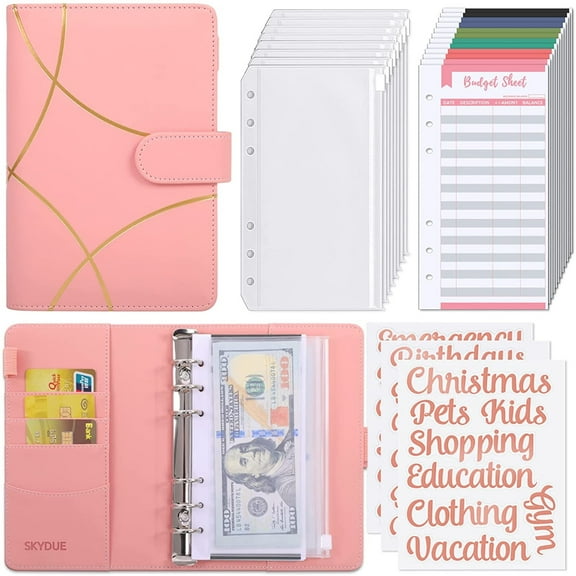 SKYDUE A6 Budget Binder with Rose Gold Stickers & 12pcs Expense Sheets , Cash Envelopes for Money Organizing , 8pcs PVC Zipper Envelopes , Pink