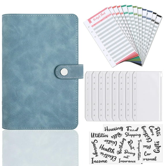 SKYDUE Budget Binder，6-Ring Loose Leaf Notebook with Zipper Envelopes for Budgeting，A6 PU Leather Binder Organizer with Extra Gum