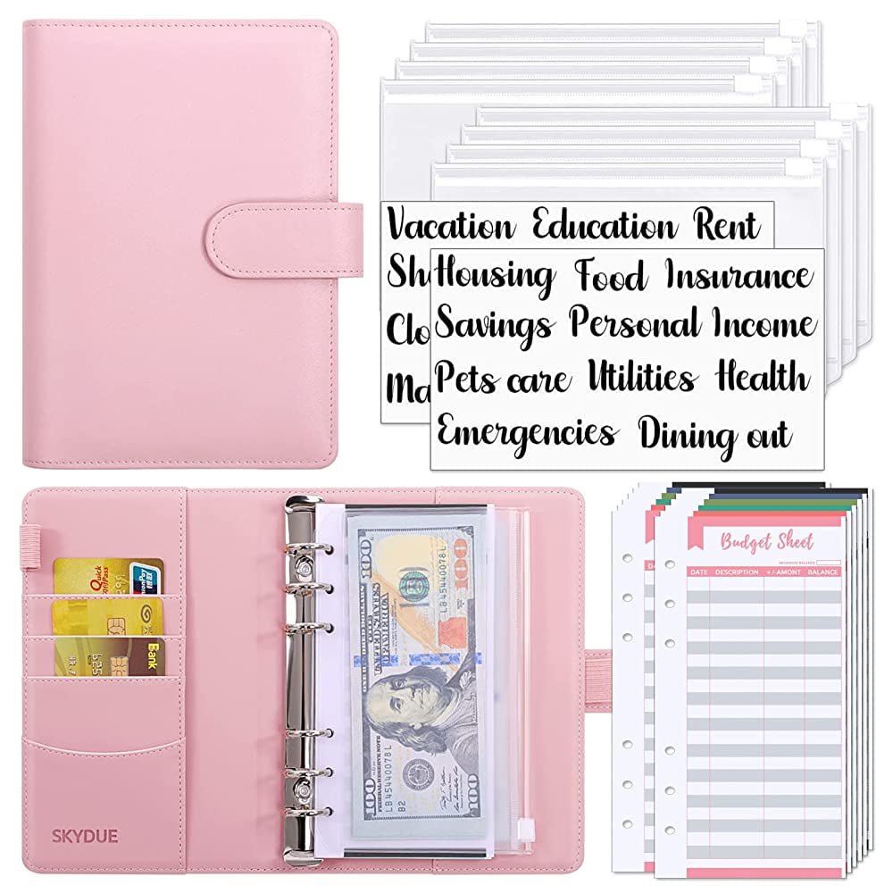 SKYDUE Budget Binder, A6 Money Organizer for Cash Budget Planner with 6  Ring Stainless Steel, 8pcs Zipper Envelopes, Pink 