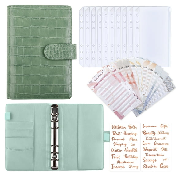 SKYDUE Budget Binder with Zipper Envelopes, PU Leather A6 Binder & 12 Budget Sheets & 10 Cash Envelopes, 29 Rose Gold Stickers for Budgeting and Saving Money, Green