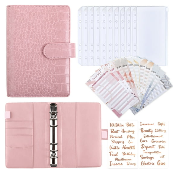 SKYDUE A6 6 Ring Budget Binder with Envelopes and Stickers, Pink