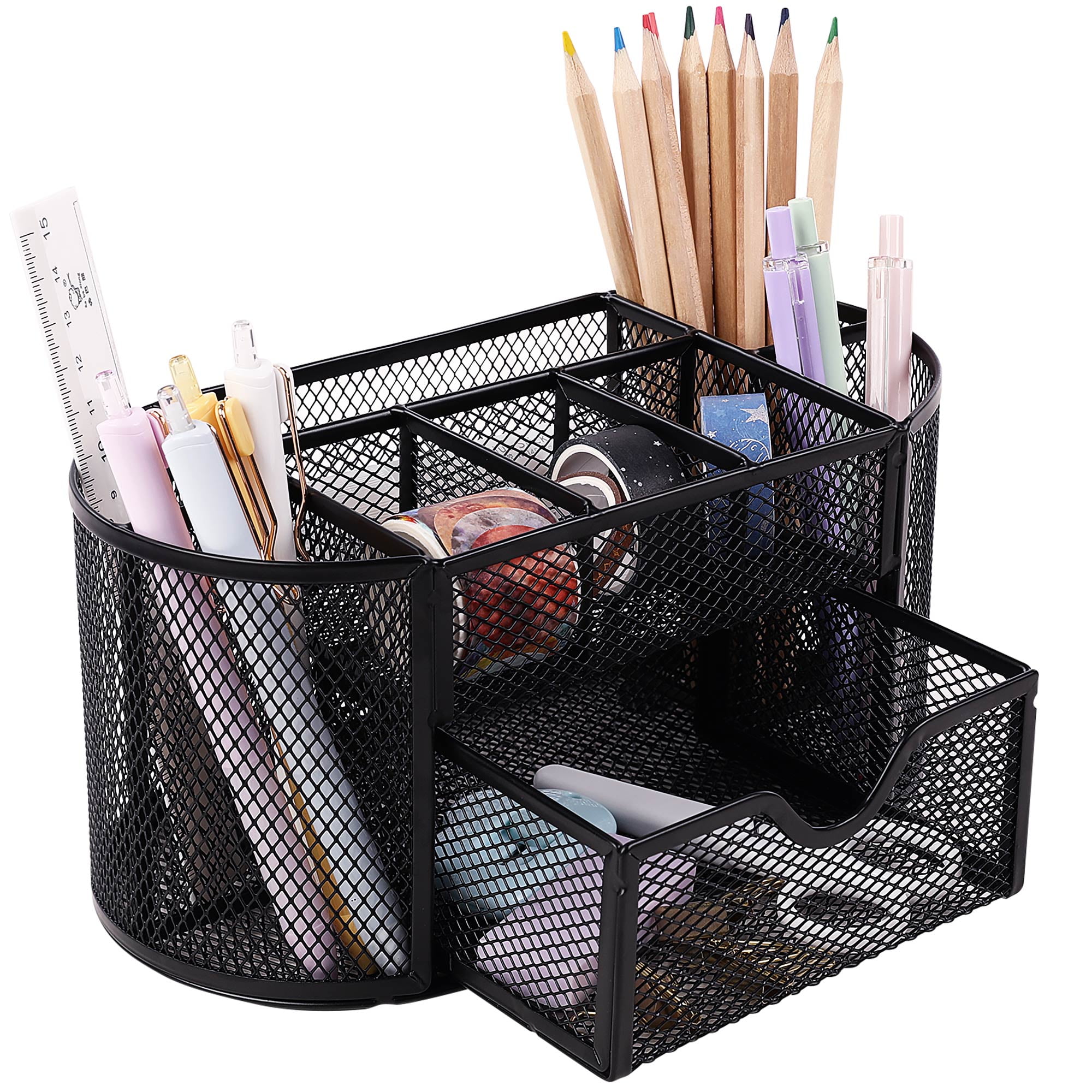Skydue Mesh Pencil Holder with Drawer, Black