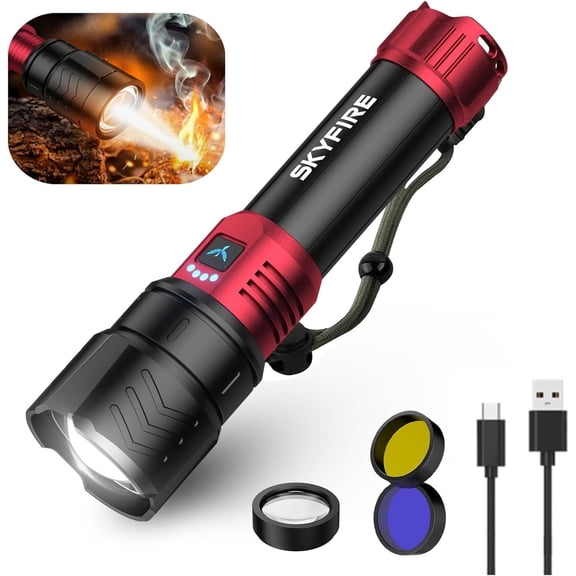 SKYFIRE Rechargeable Flashlights High Lumens 3000LM, 3-in-1 Lens System with Yellow & Blue Filters, Super Bright LED Flashlight, Waterproof, USB-C Fast Charging, Gift