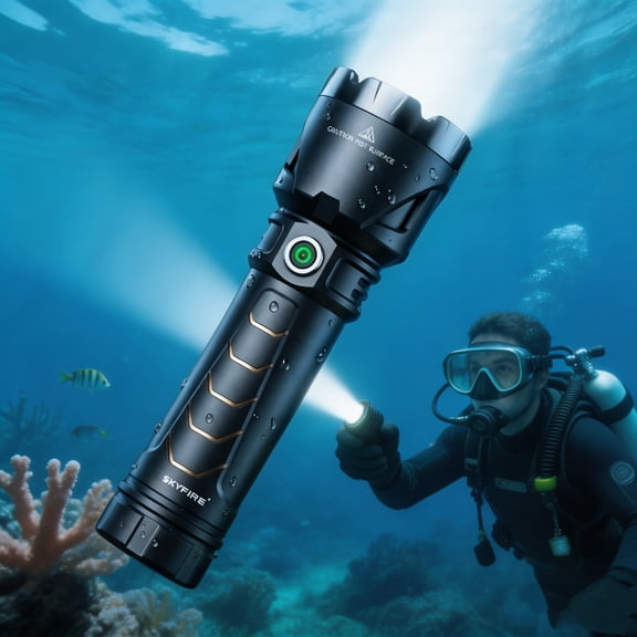SKYFIRE 2500LM IPX7 Waterproof Diving Flashlight, 500M Long Range 6 Modes Rechargeable Underwater Torch 4500mAh Type-C Charge for Scuba Diving Snorkeling Night Fishing