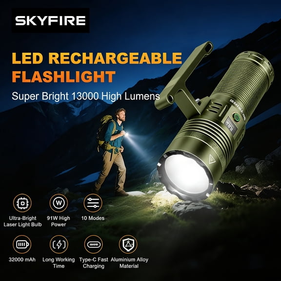 SKYFIRE 32000mAh Rechargeable Flashlight 13000LM for Outdoor Boat Farm Use