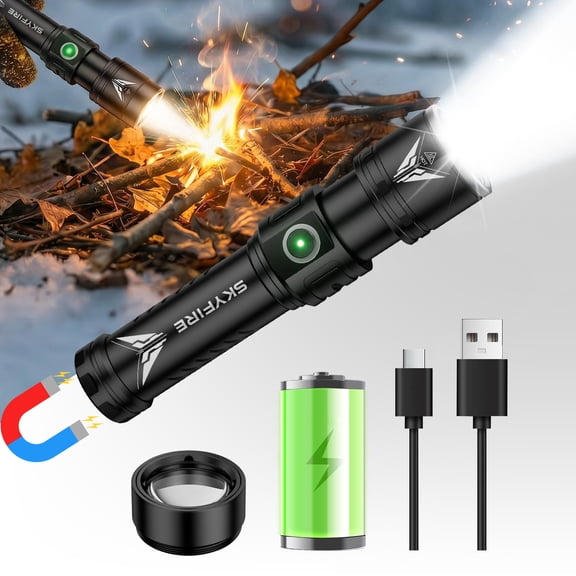 SKYFIRE Aluminum Alloy EDC Flashlight, Ignition Lens Ultra Bright, Magnetic Base Hands-Free Design, USB-C Fast Charging, 5 Adjustable Light Modes, Compact Portable Outdoor Light for Camping, Fishing,