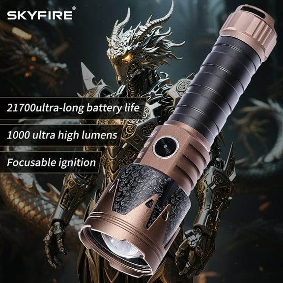 SKYFIRE Compact Flashlight, a high-brightness LED flashlight, features special pattern treatment, has an extendable and zooming function, extremely long battery life, six levels of brightness adjustm