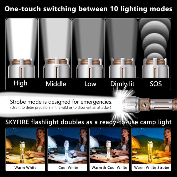 SKYFIRE Flashlight: High-brightness, adjustable focusing function, four modes, suitable for camping, outdoor activities, farms and household use.