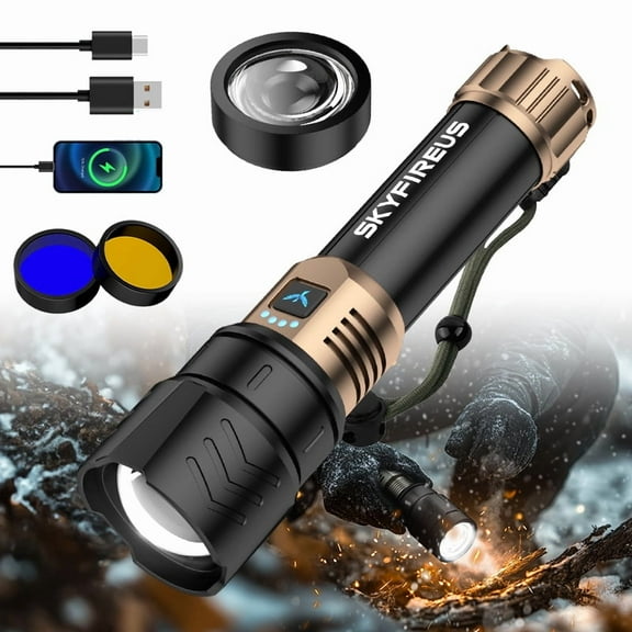 SKYFIRE Flashlight: High-brightness, adjustable focusing function, four modes, suitable for camping, outdoor activities, farms and household use.