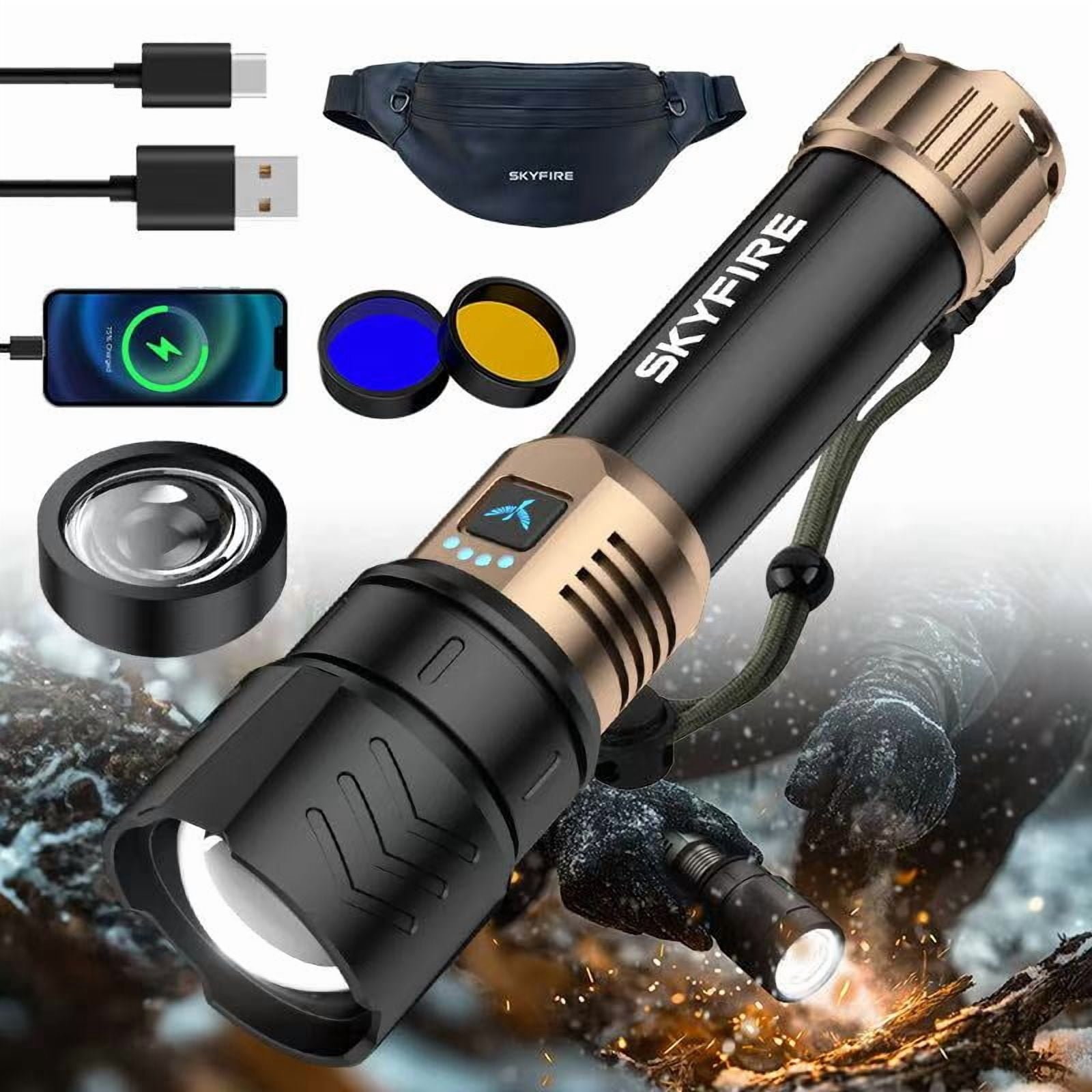 SKYFIRE Flashlight: High-brightness, adjustable focusing function, four modes, suitable for camping, outdoor activities, farms and household use.