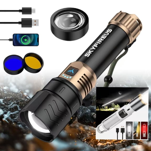 SKYFIRE High Lumen Rechargeable LED Flashlight, Zoomable, 4 Modes with Ignition Lens, Ultra Bright for Camping Outdoor Home, Includes Extra Flashlight (Black copper +2154)