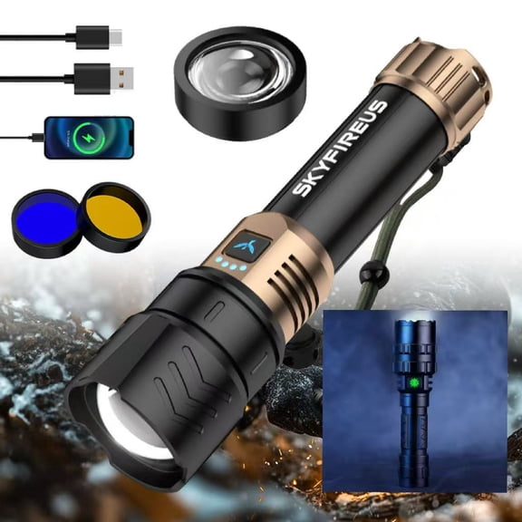 SKYFIRE High Lumen Rechargeable LED Flashlight, Zoomable, 4 Modes with Ignition Lens, Ultra Bright for Camping Outdoor Home, Includes Extra High Lumen Flashlight (Black copper +420)