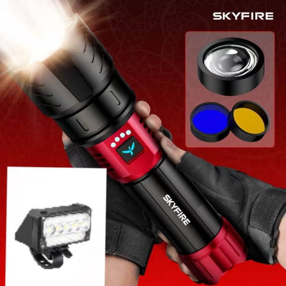 SKYFIRE High Lumen Rechargeable LED Flashlight, Zoomable, 4 Modes with Ignition Lens, Ultra Bright for Camping Outdoor Home, Includes Extra High Lumen Flashlight (Blackish red +1524)