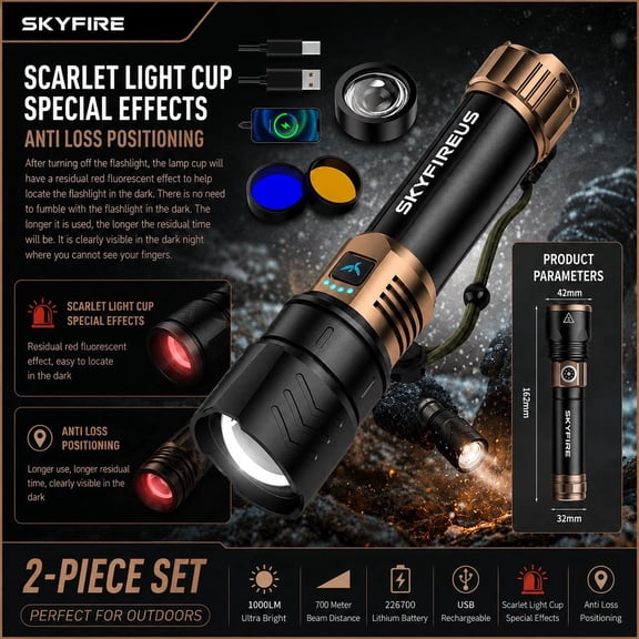 Skyfire Rechargeable High Lumen LED Flashlight, Zoomable Focus, 4 Light Modes with Ignition Lens, Bright Handheld Light for Outdoor Camping Home Use, Bonus Flashlight Included Black Copper 2195