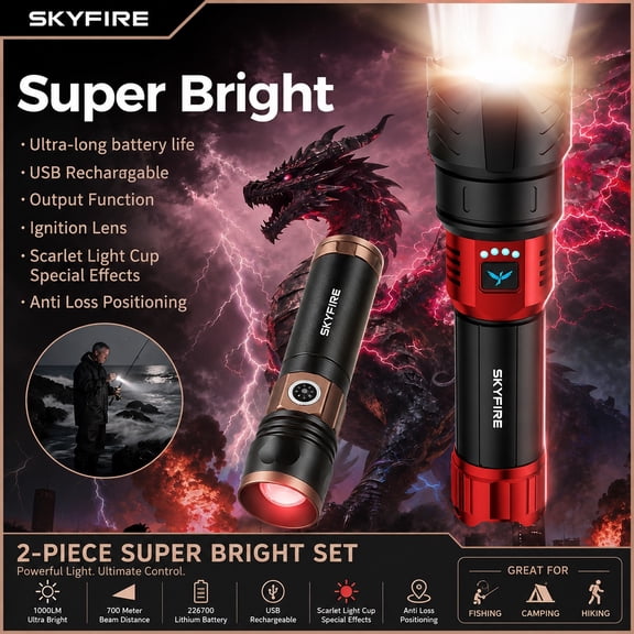 SKYFIRE High Lumen Rechargeable LED Flashlight, Zoomable Focus, 4 Modes with Ignition Lens, Ultra Bright for Camping Outdoor Home, Includes One Extra High Lumen Flashlight (Black RED+2195)