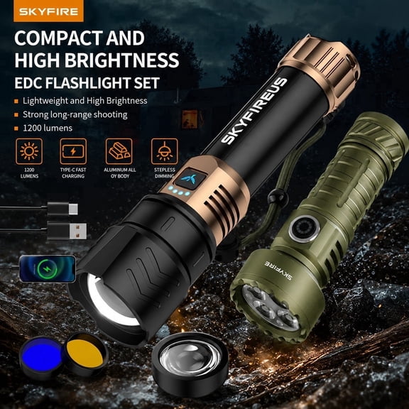 Skyfire High Lumen Rechargeable LED Flashlight, Zoomable Focus 4 Light Modes with Ignition Lens, Ultra Bright for Camping Outdoor Home Use