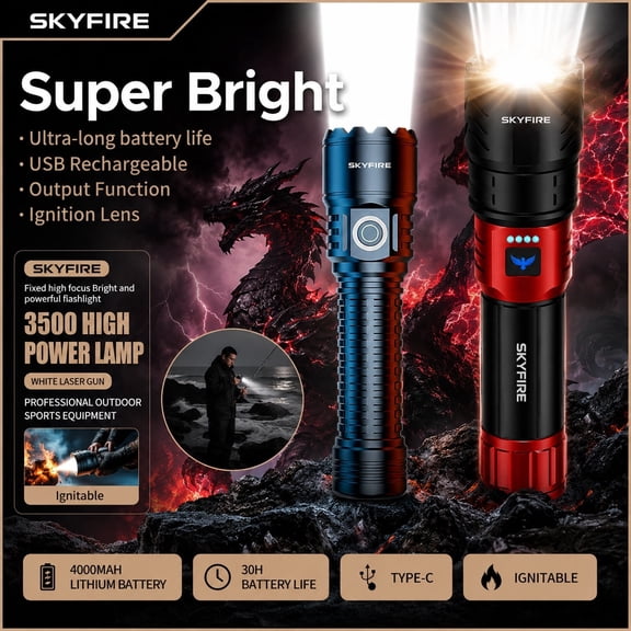 Skyfire Rechargeable LED Flashlight, Zoomable Focus 4 Modes with Ignition Lens, Ultra Bright Outdoor Camping Home Light, Extra Flashlight Included Black Red 2157