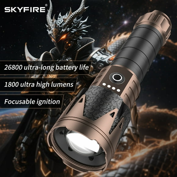 SKYFIRE high-lumen LED flashlight with ignition lens, high-lumen flashlight, zoom, five modes, essential for long-life camping, outdoor, farm and emergency situations