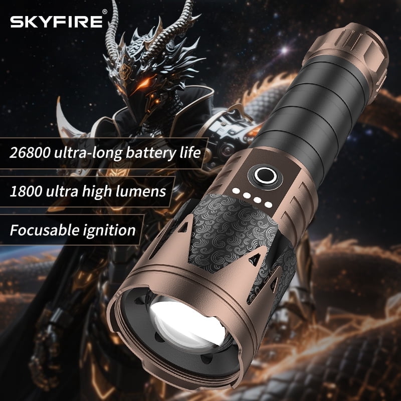 SKYFIRE high-lumen LED flashlight with ignition lens, high-lumen flashlight, zoom, five modes, essential for long-life camping, outdoor, farm and emergency situations