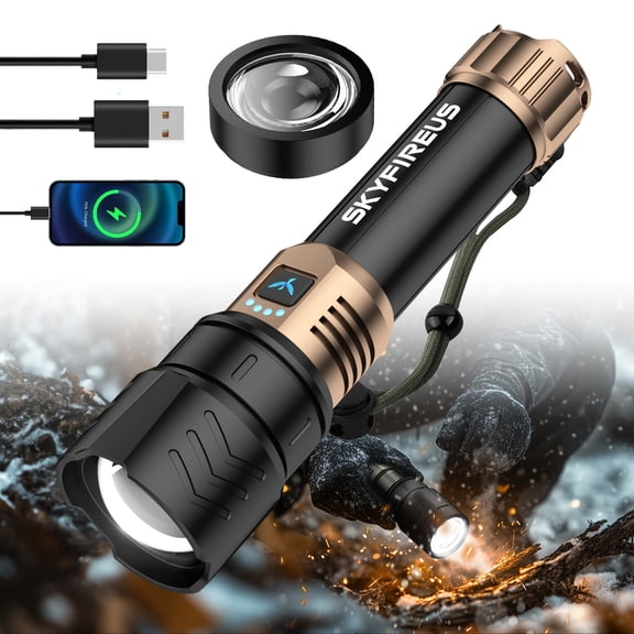 SKYFIRE LED Flashlight High Lumens, Super Bright Rechargeable Flashlight With Ignition Lens, Zoomable, Four Modes, Flash Light For Camping Essentials, Outdoor And Home
