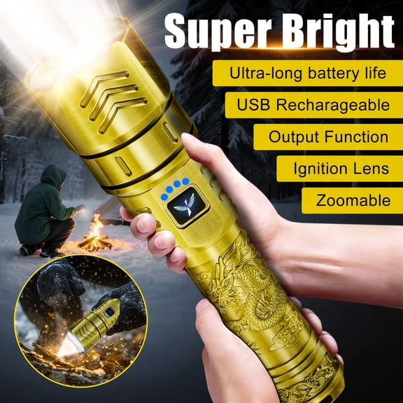 SKYFIRE LED High-brightness Golden Dragon Pattern Flashlight, 4000mAh Rechargeable Flashlight With Ignition Lens, Zoom Function, Four Modes, Suitable For Camping, Outdoor And Household Use