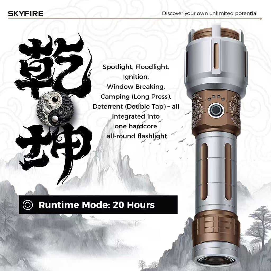 SKYFIRE New Model Flashlight - High Brightness - Rechargeable - Outdoor Flashlight - Extremely Bright, with five modes, equipped with a focusing lens and various complimentary items.
