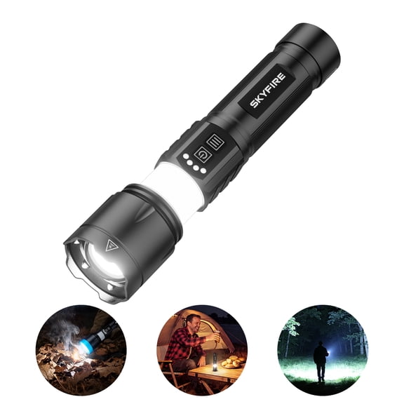 SKYFIRE Rechargeable Flashlight with Camping Lantern & Ignition Lens, Zoomable 5 Modes LED Flashlight for Outdoor