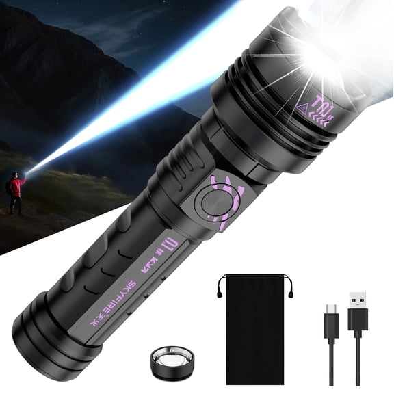 SKYFIRE Rechargeable Flashlights High Lumens: LED Super Bright Flashlight Zoomable with 5 Modes IPX6 Waterproof Handheld Powerful Flash Light for Camping,Emergenciesr,Home&Giftswith Ignition Lens