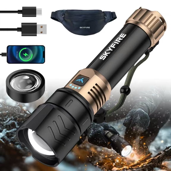 SKYFIRE Super Bright LED Rechargeable Flashlight with Zoom & 4 Modes, Camping & Home Essential