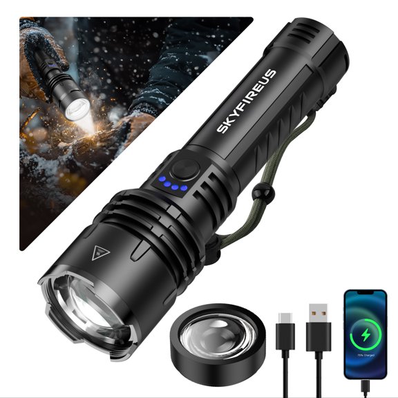 SKYFIRE XHP160 Super Bright 10000 Lumens LED Flashlight, Rechargeable 5000mAh, IP67 Waterproof, Zoomable, 5 Modes, High Power Tactical Flashlight for Camping, Hiking, Emergencies