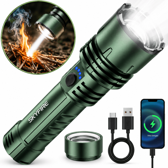 SKYFIRELED Rechargeable Flashlight High Lumens with Ignition Lens, 2000lm Super Bright LED Flashlights, Zoomable, 4 Modes Waterproof Flash Light for Camping Outdoor and Gift,Green