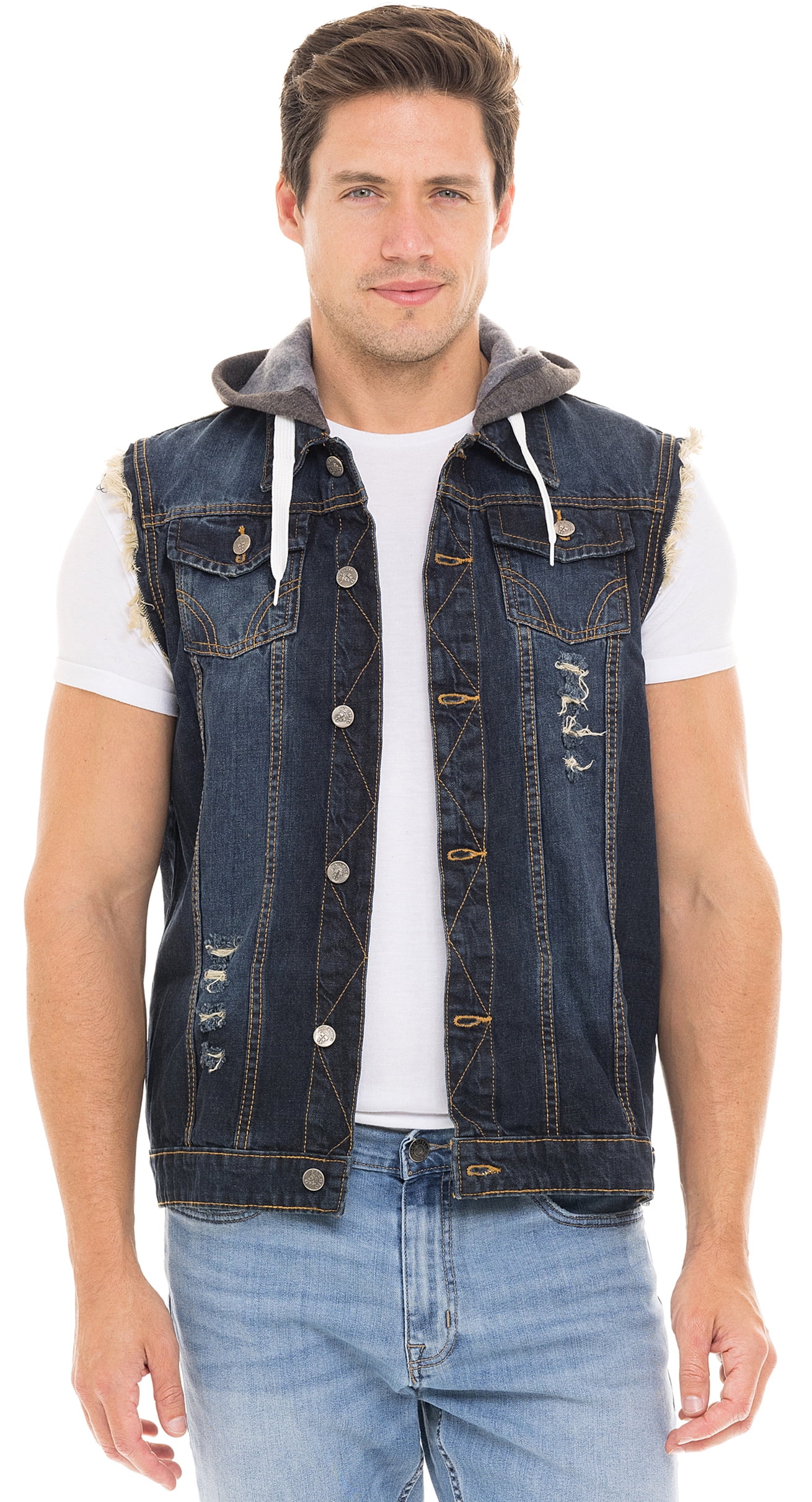 SKYLINEWEARS Men Denim Hooded Vest Biker Jean Vest With Hood Sleeveless