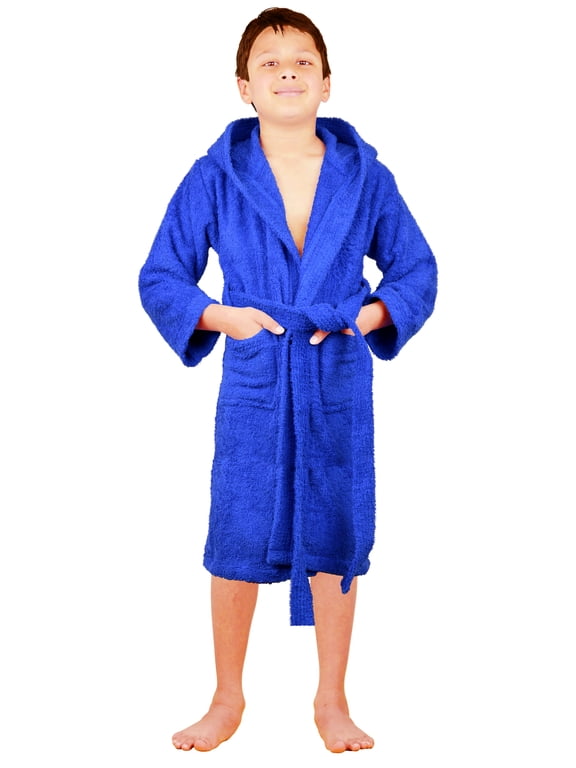 Terry Cloth 100% Cotton Kids Boys Girls Hooded Bathrobe Blue Size 4