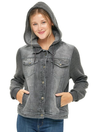 Ladies Black Denim Jean Jacket With Hood Hoodie/Sweatshirt
