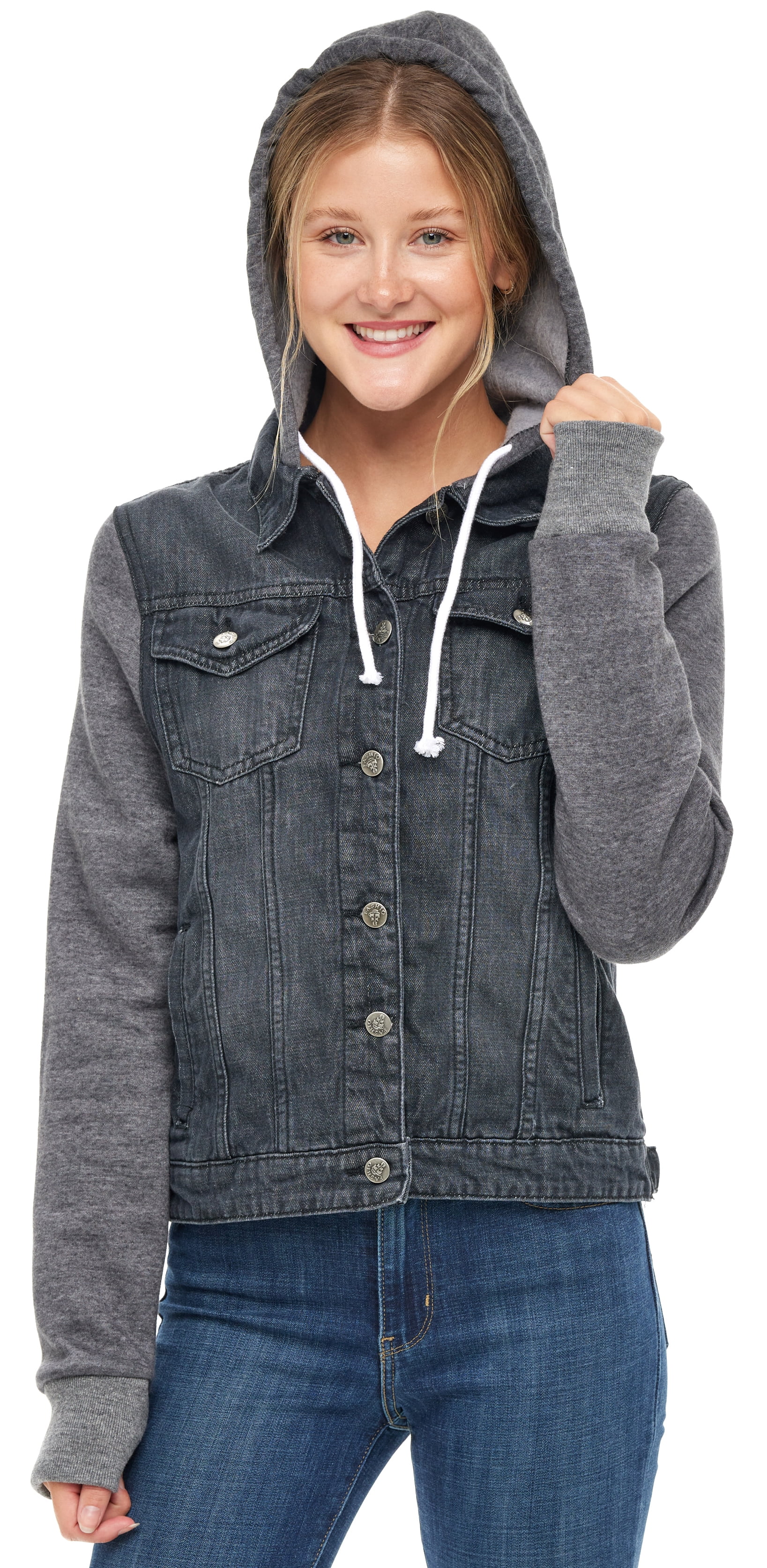 SKYLINEWEARS Women Hooded Denim Jacket Long Sleeve Layered Drawstring ...