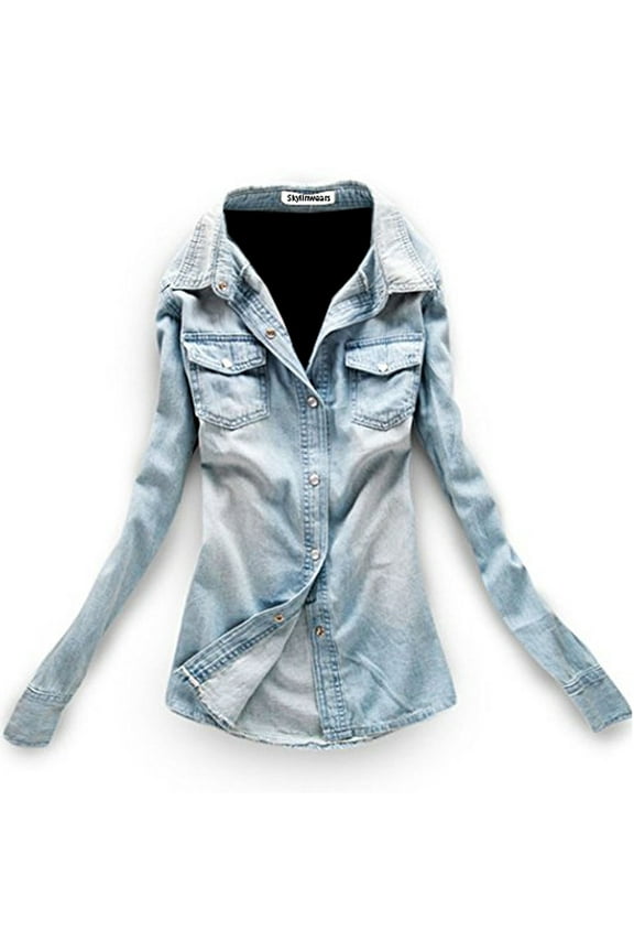 Women Western Denim Shirt Long Sleeve Cotton Blouses Button Down Denim Shirt