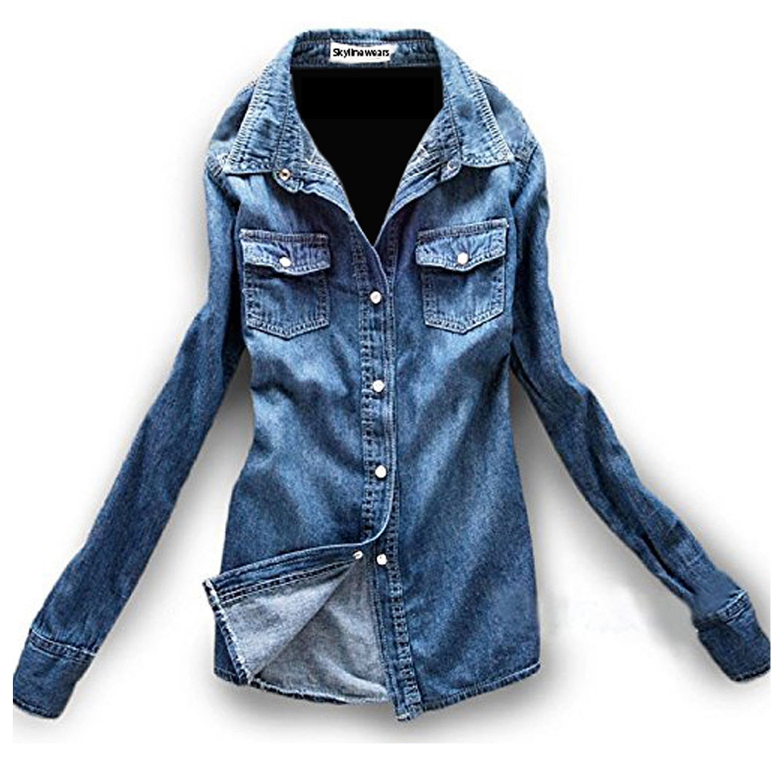 SKYLINEWEARS Women Western Denim Shirt Long Sleeve Cotton Blouses Button Down Denim Shirt