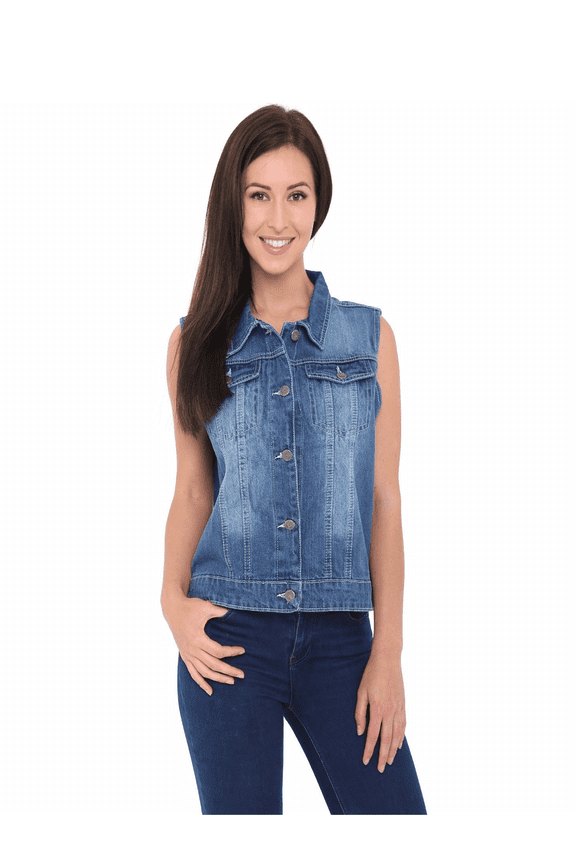 Women's Denim Vest Buttoned Washed Denim Vest Sleeveless jean Jacket Chest Flap Pocket