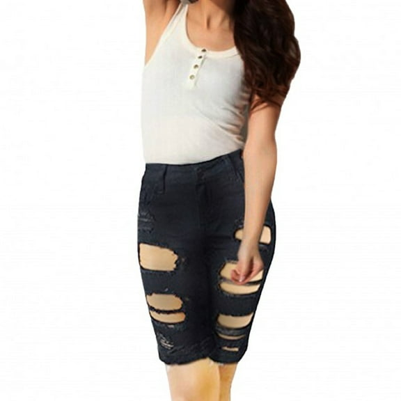 SKYLINEWEARS Women's Distressed Ripped Hole Shorts Mid Rise Knee Length Ripped Stretchy Jean Shorts