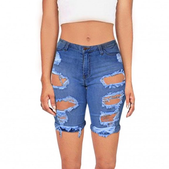 SKYLINEWEARS Women's Distressed Ripped Hole Shorts Mid Rise Knee Length Ripped Stretchy Jean Shorts