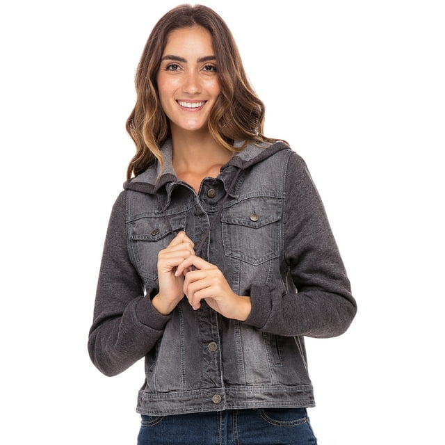 SKYLINEWEARS Women's Hooded Denim Jacket Long Sleeve Layered Drawstring Hoodie Washed Jean Jacket Grey Small