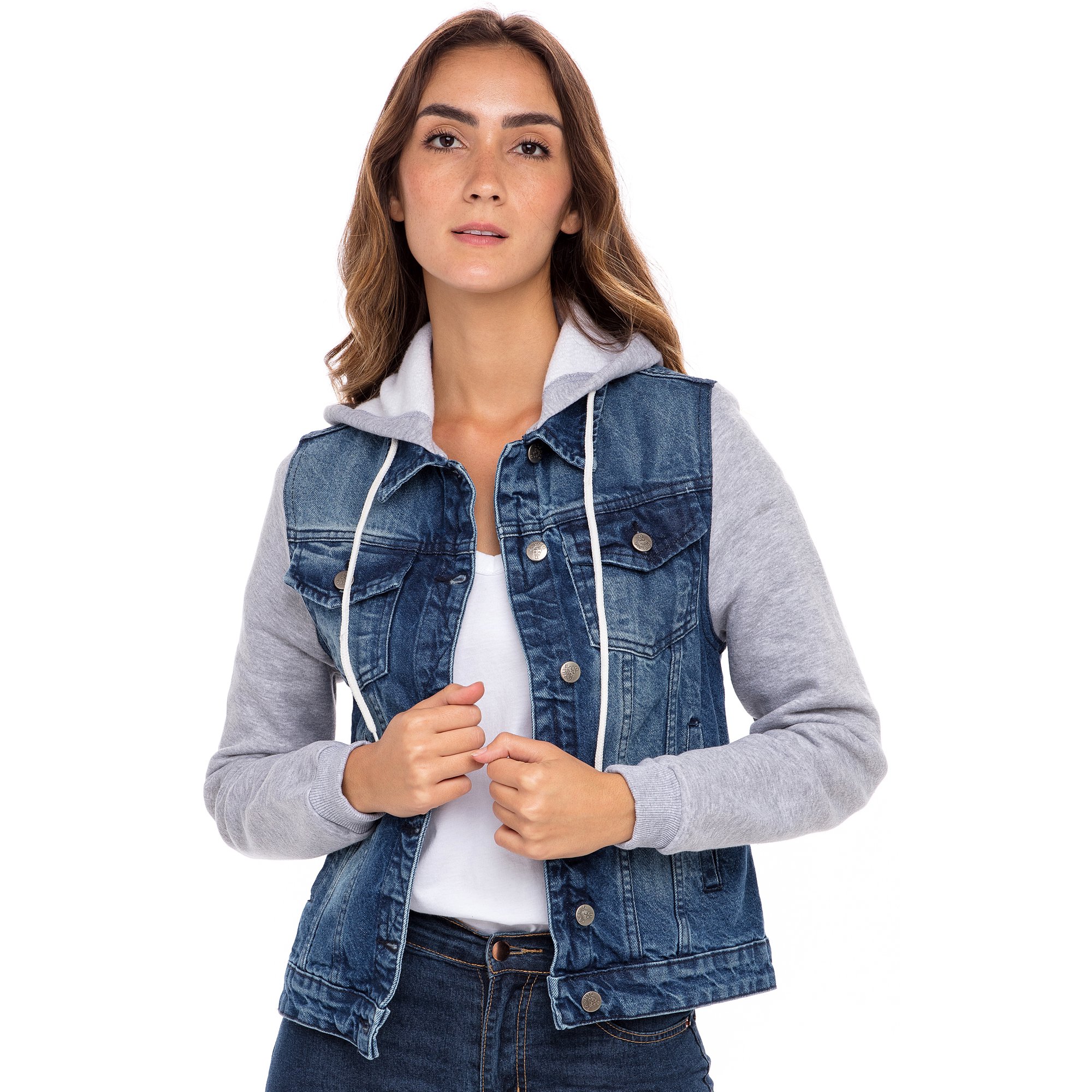 SKYLINEWEARS Women's Hooded Denim Jacket Long Sleeve Layered Drawstring  Hoodie Washed Jean Jacket L-Blue Large - Walmart.com