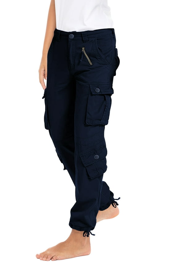 Women's Relaxed Straight Cargo Solid Style Pants Cotton Workwear Trouser Navy XS