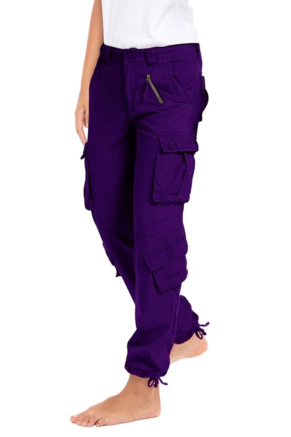 Women's Utility Work Cargo Solid Style Hiking Pants Cotton Workwear Trouser Purple XS