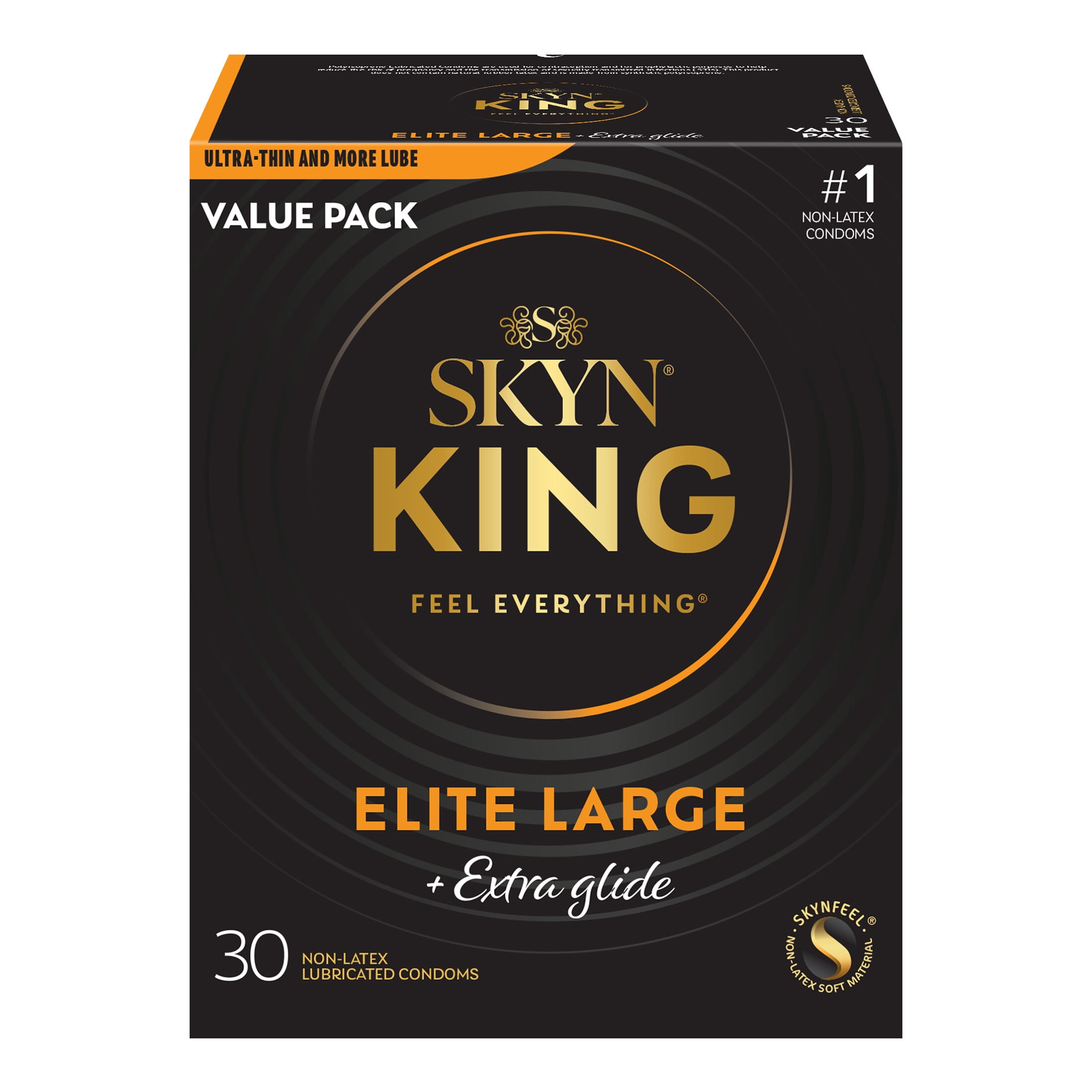 SKYN King Elite Large Extra Glide Non-Latex Condoms, 30 Count Extra Glide for Extra Comfort