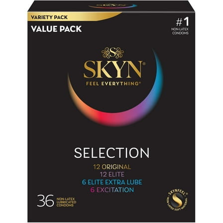 SKYN Selection Assorted Non-Latex Condoms - 36 Count, 1 Pack - Contains Elite, Original, Excitation, & Extra Lube, Triple Tested for Best Protection
